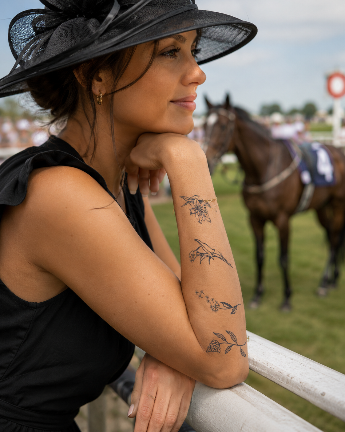 Woman in a black hat resting on a fence, with horses and a grassy field behind her.
