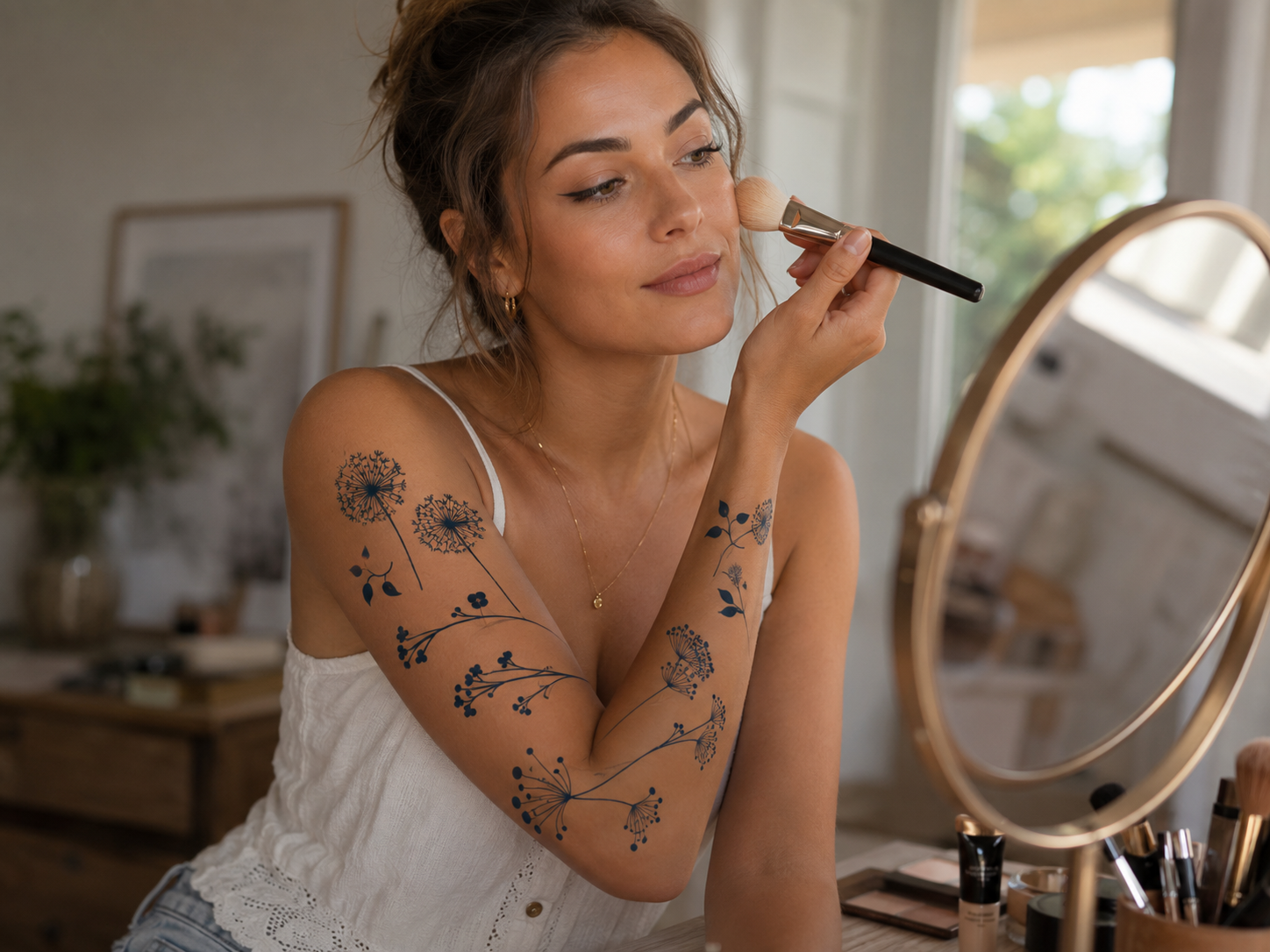 Woman applying makeup at a vanity mirror in a bright room