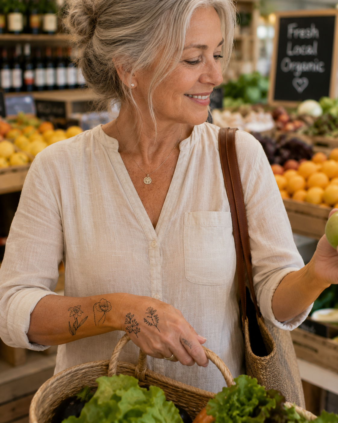 Woman shopping for produce with a basket in a grocery store, smiling near a fresh organic sign