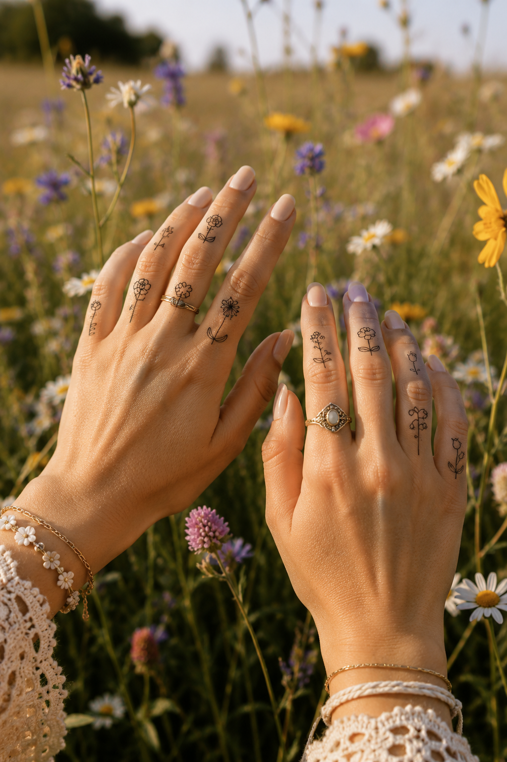 Tattooed hands with rings and bracelets reaching into a wildflower field at golden hour