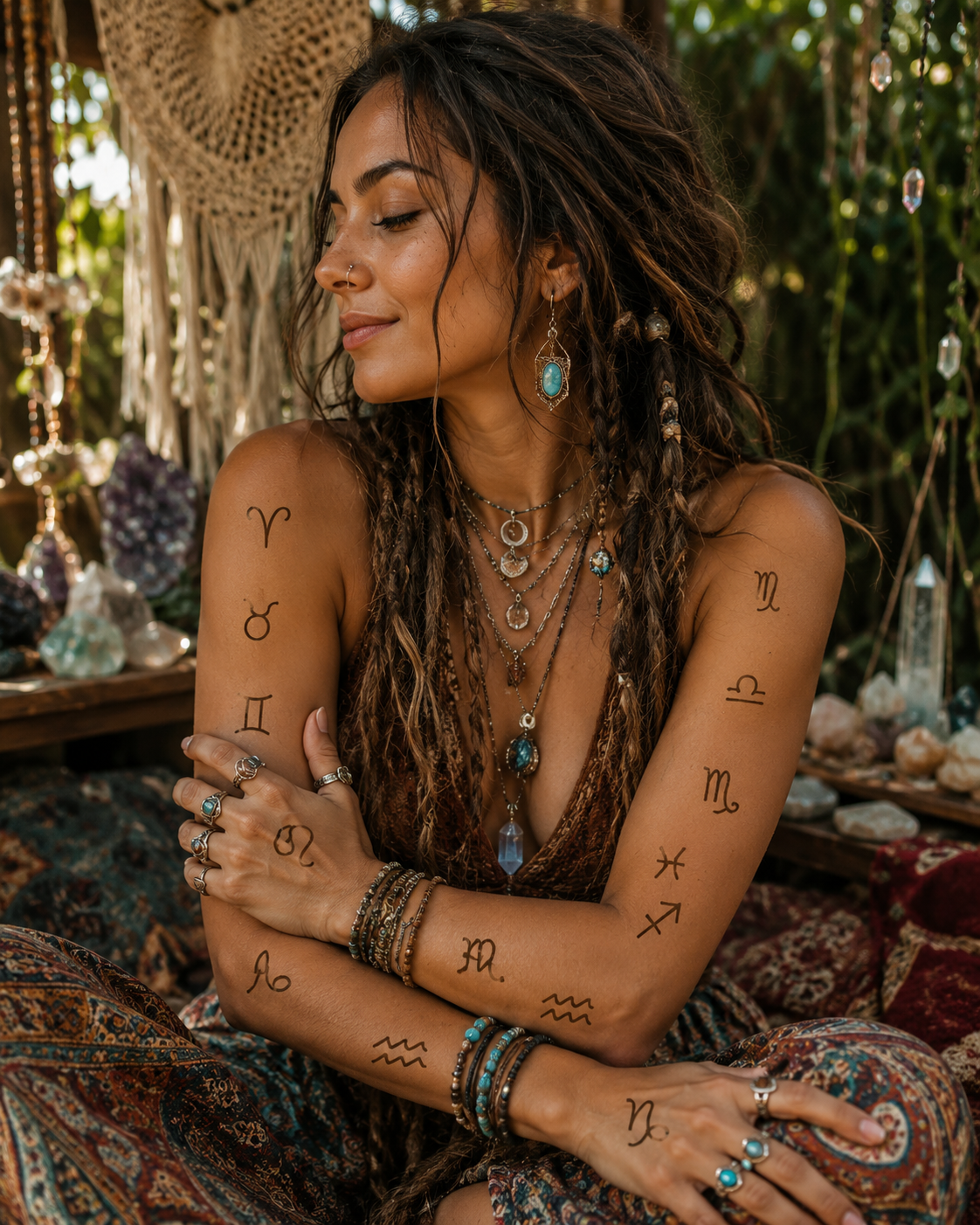Woman with tattoos and turquoise jewelry sitting calmly in a bohemian setting, eyes closed.