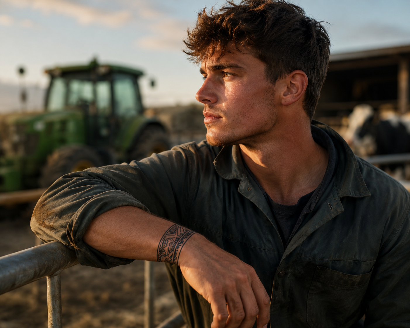 Young man leaning on a fence at sunset with a tractor blurred in the background
