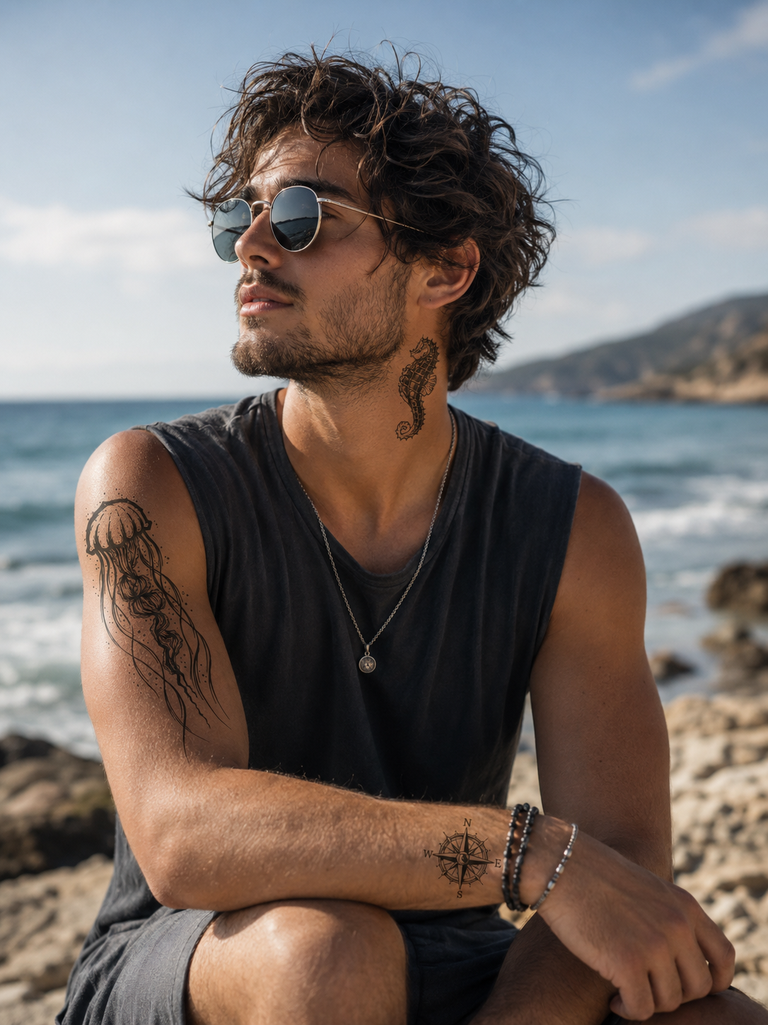 Man with sunglasses sitting by the seaside, looking left, wearing a black sleeveless shirt.