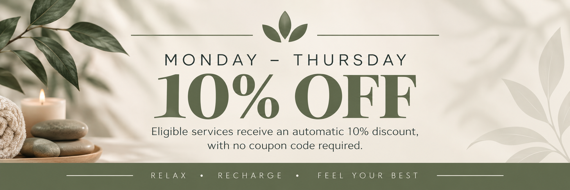Monday–Thursday 10% off spa promotion with beige decor and leaf accents