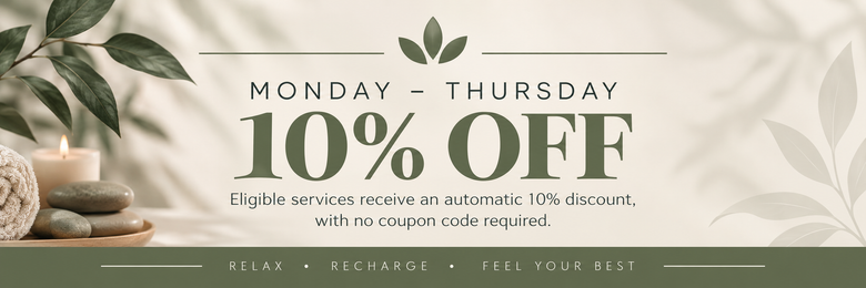 Monday–Thursday 10% off spa promotion with beige decor and leaf accents