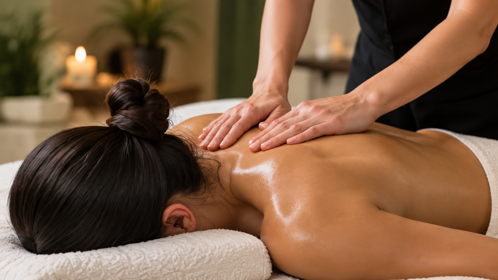 Spa massage therapist kneading a client’s back on a towel-covered table in a warm, candlelit room