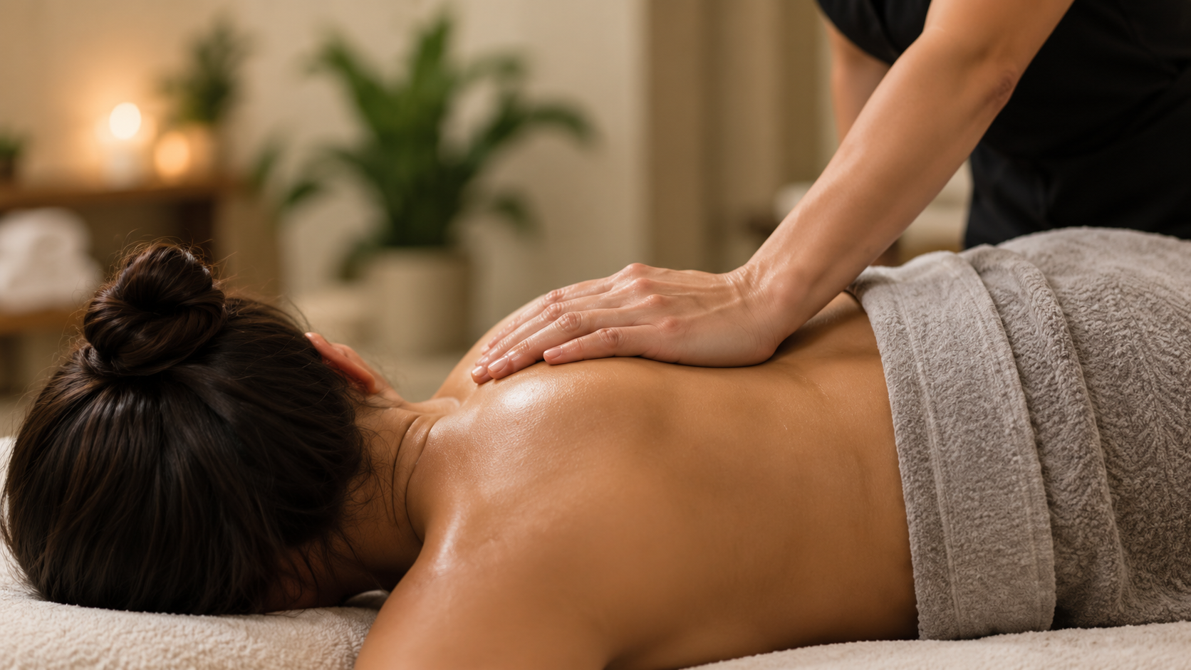 Person receiving a back massage on a spa table, with a towel wrapped around the lower body.
