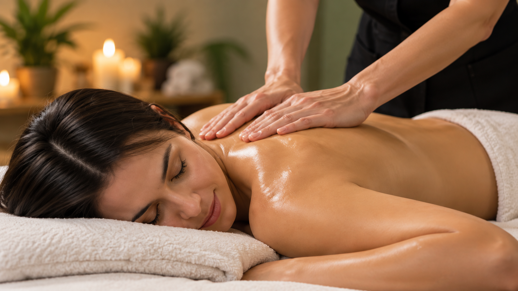 A woman receiving a back massage on a spa table, with warm lighting and towels.
