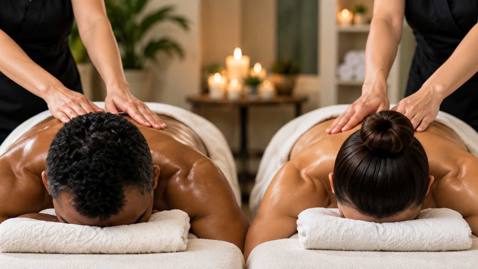 Two people receive back massages on white towels in a dim spa with lit candles.