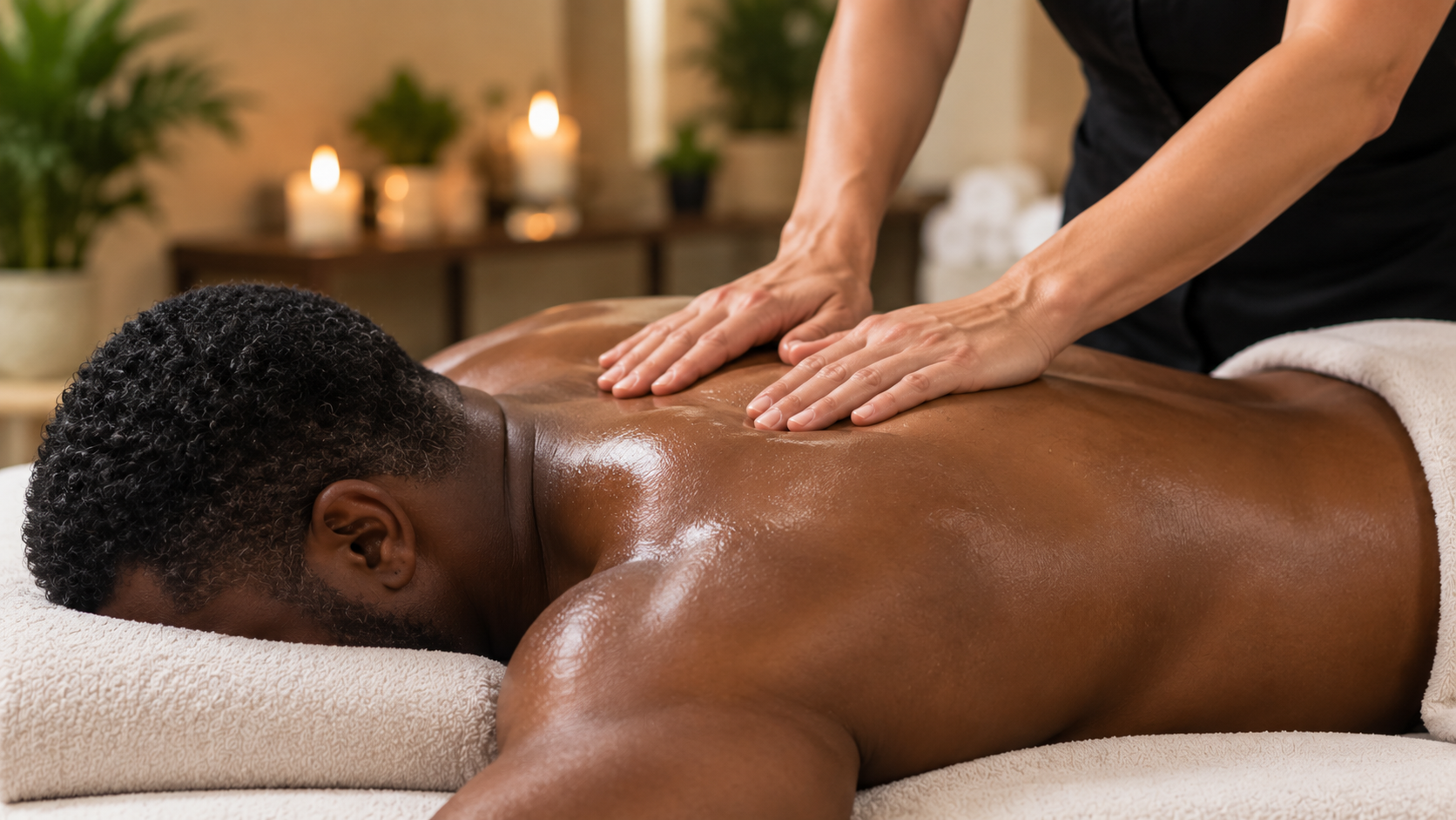Massage therapist kneading a client’s back on a massage table in a spa setting.