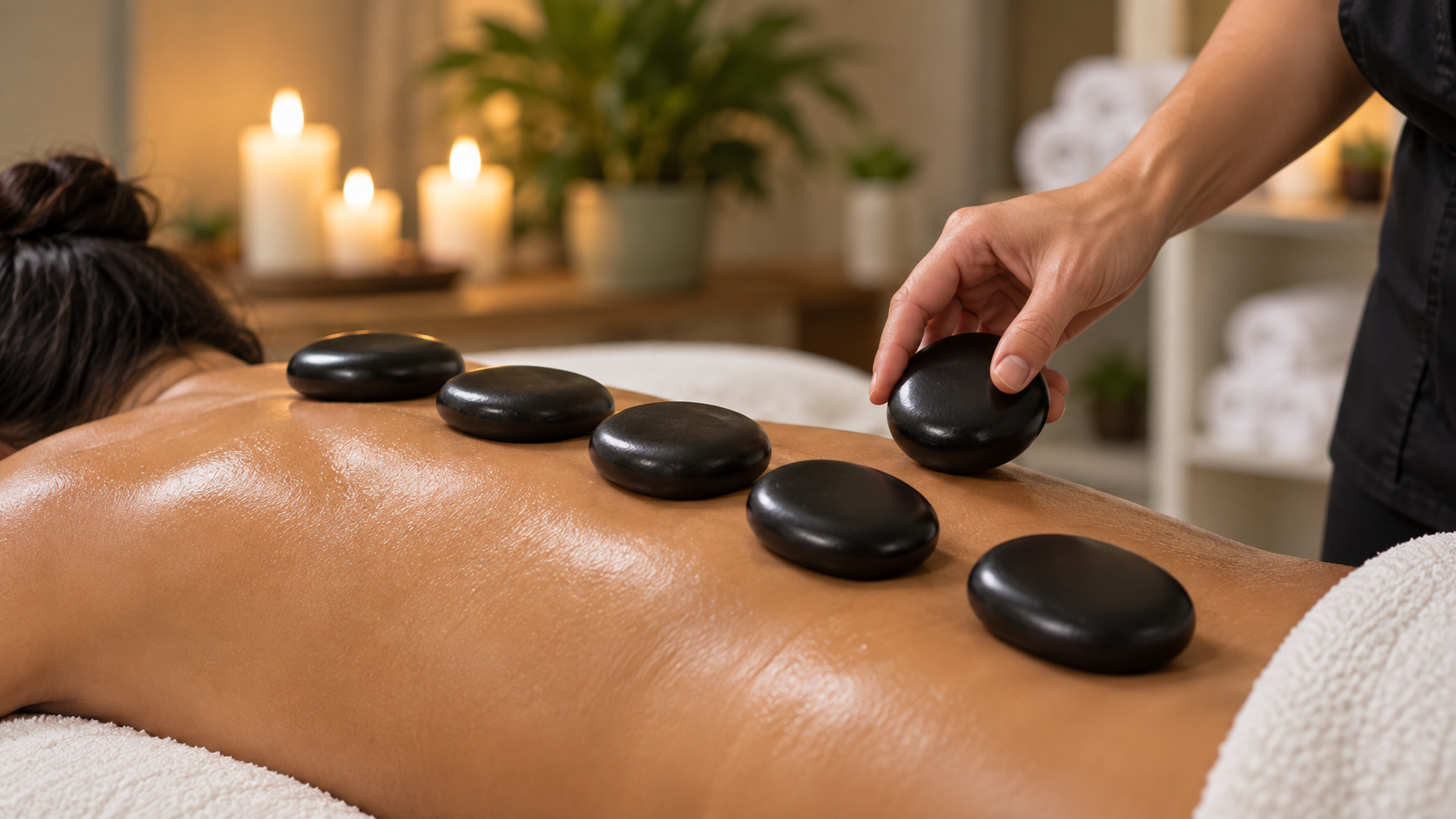 Massage therapist placing hot stones on a person's oiled back in a spa setting