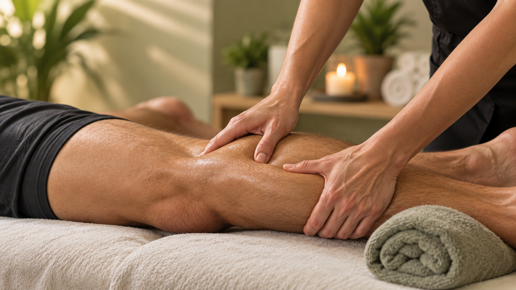 Hands massaging a client's leg on a spa table with a rolled gray towel nearby