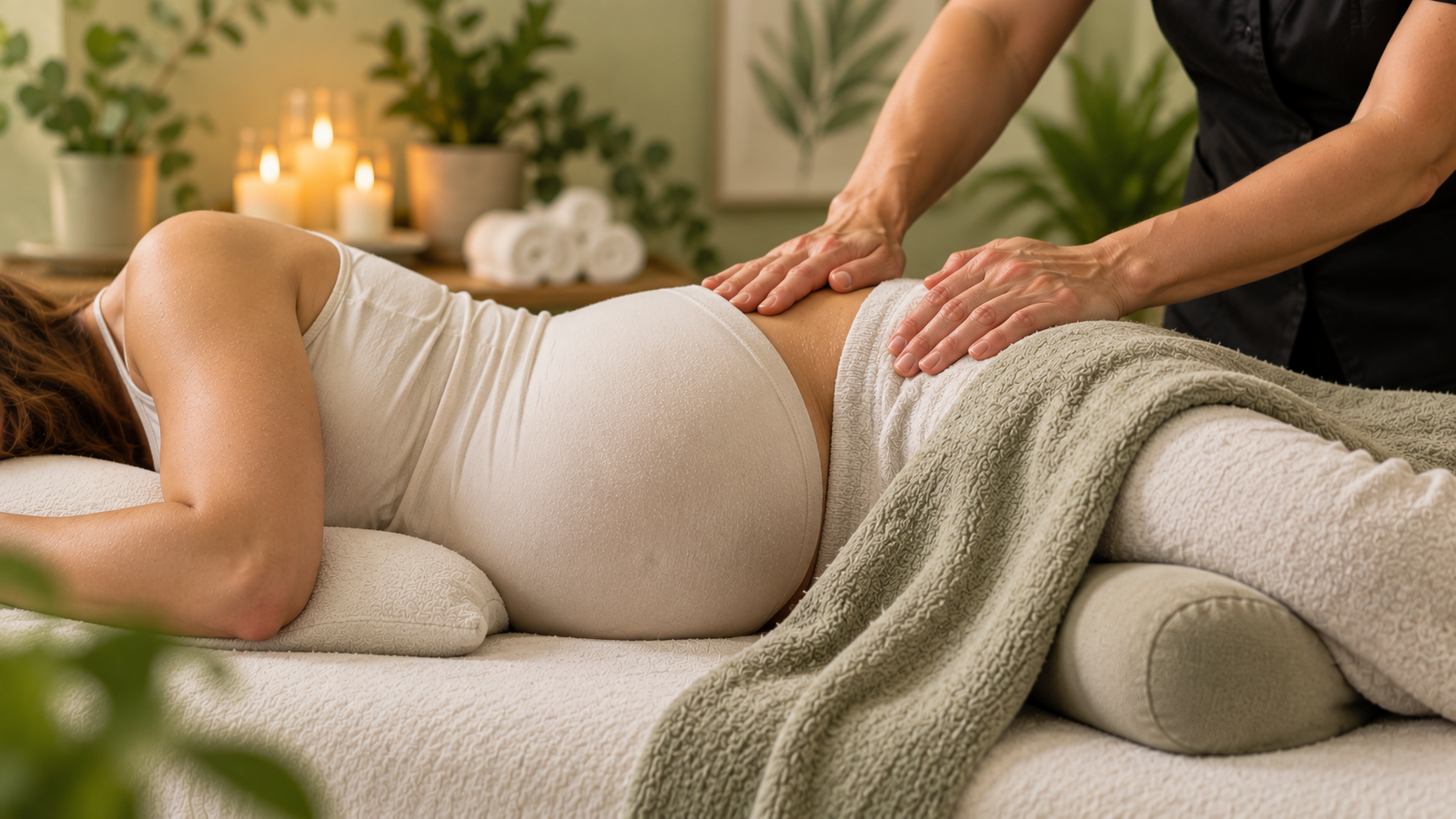 Massage therapist rubbing a client’s back on a treatment table in a spa room