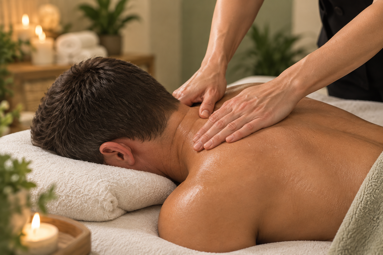 Person receiving a back massage in a spa, with hands pressing shoulders on a towel-covered table