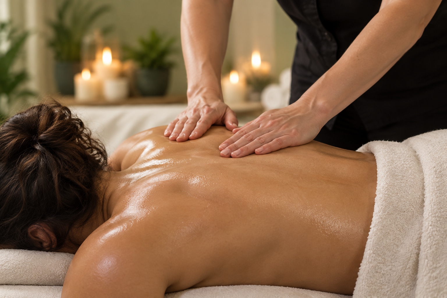 Massage therapist pressing hands on a client’s oiled back in a spa treatment room