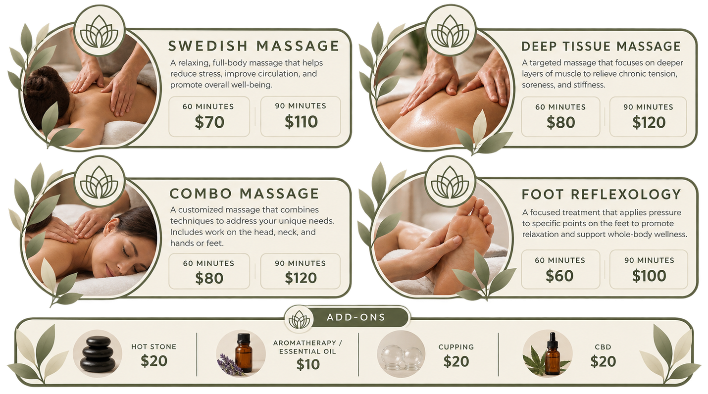 Spa massage menu with four treatment cards and add-on options, featuring soft beige and green design