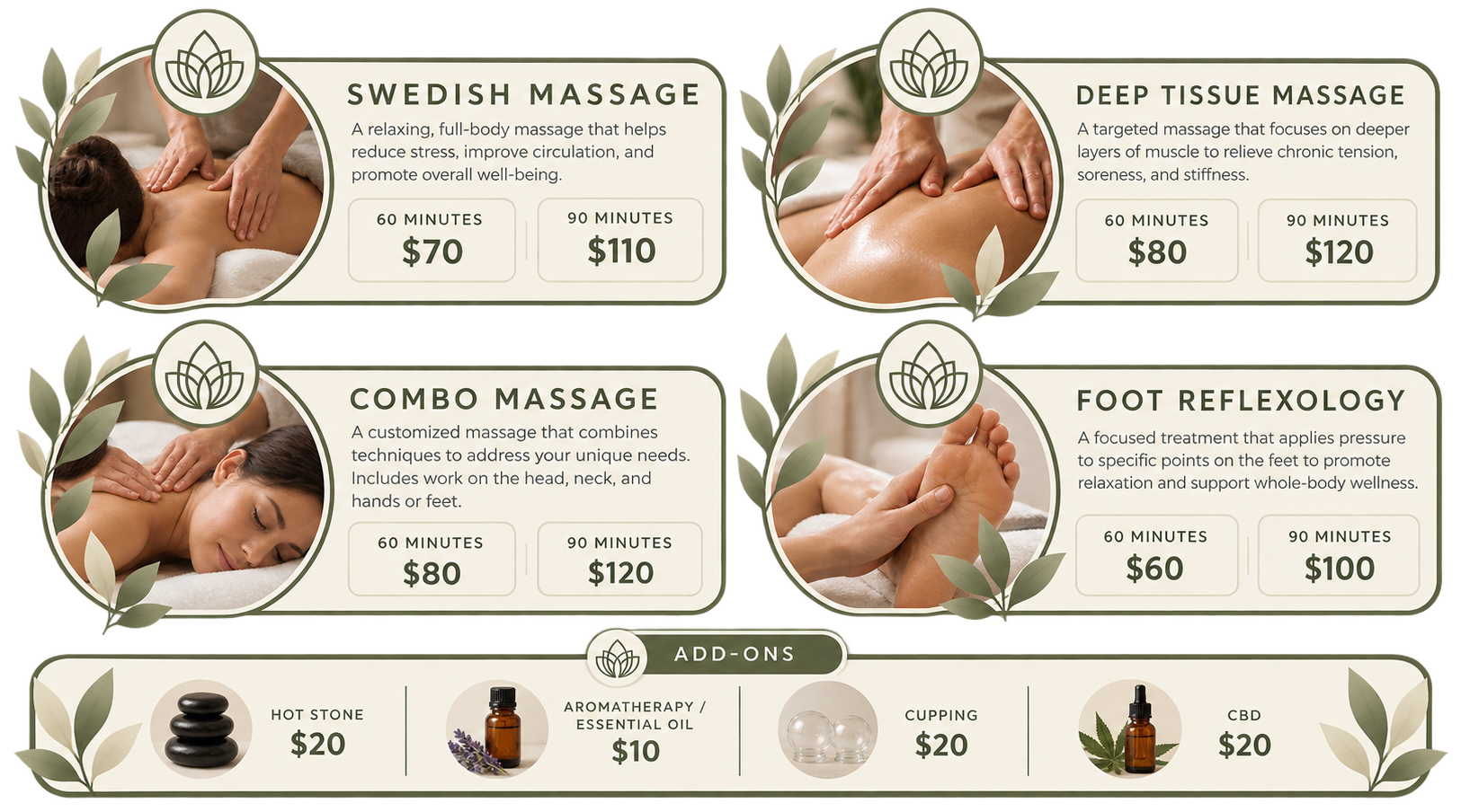Spa massage menu with four treatment cards and add-on options, featuring soft beige and green design
