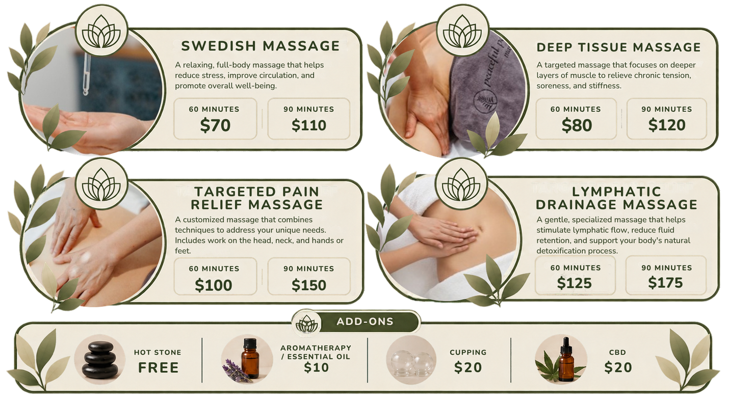 Spa massage menu with four treatment cards and add-on options, featuring soft beige and green design