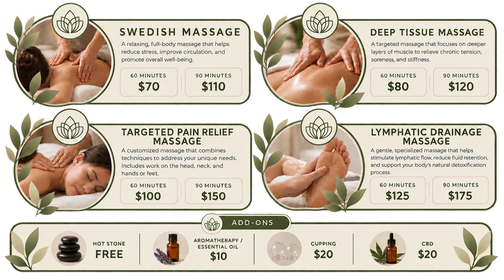 Spa massage menu with four treatment cards and add-on options, featuring soft beige and green design