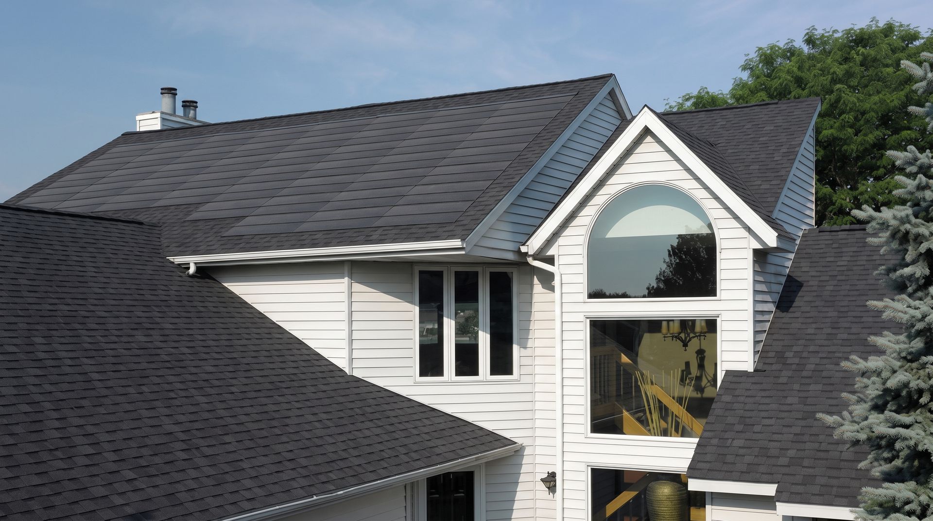 Gray shingled roof with a white dormer window and metal roof vent