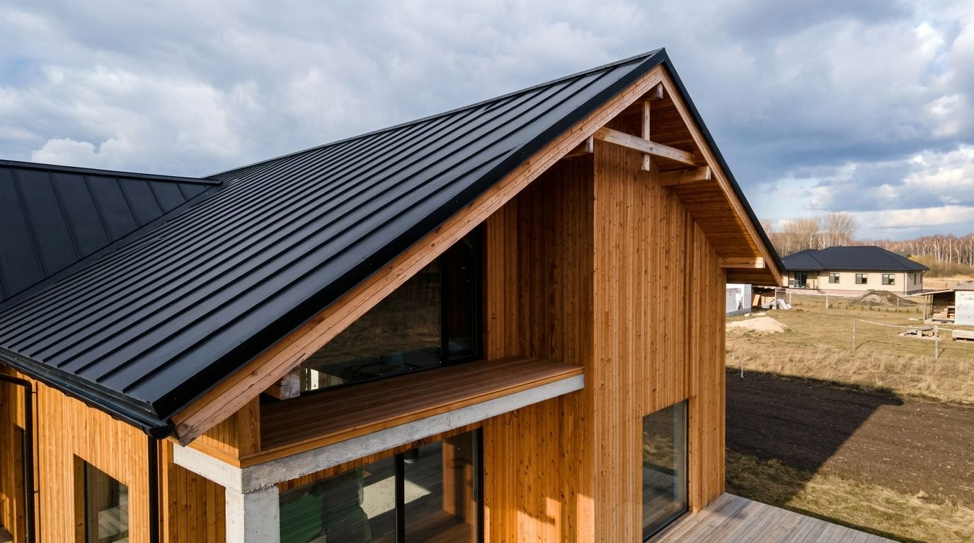 Close-up of a house roof with gray shingles, dark metal trim, and white eaves under a sloped dormer