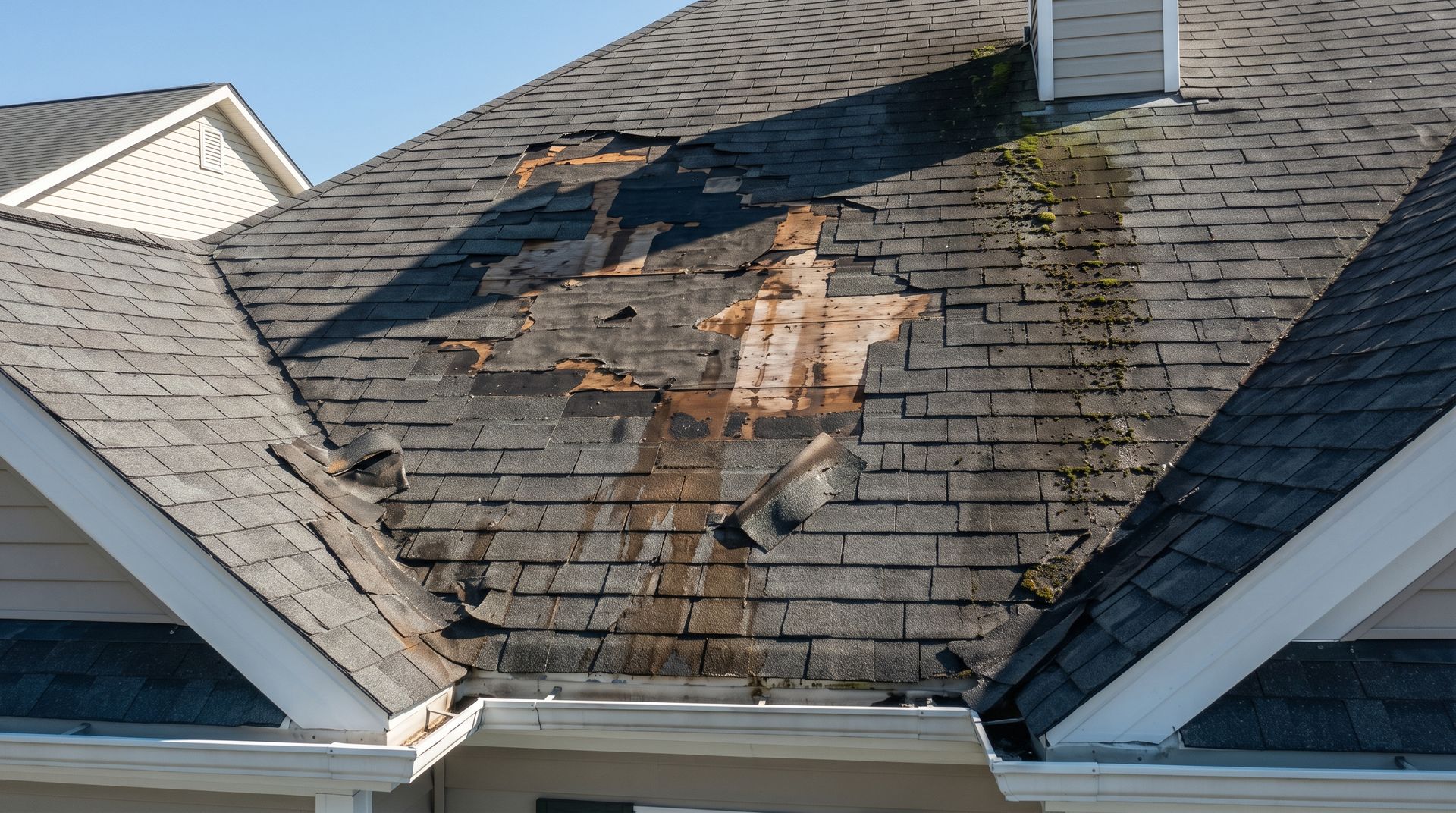 Damaged shingle roof with exposed underlayment and water damage near the chimney