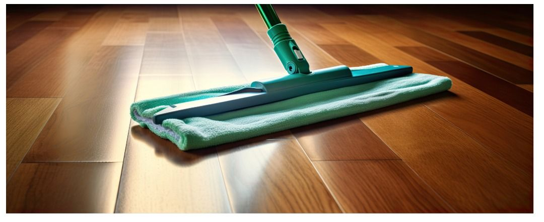 A mop cleaning a wooden floor; green mop head and handle.