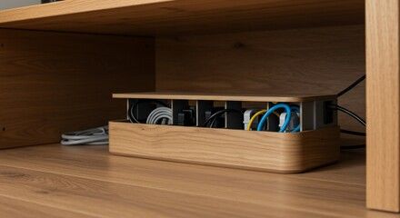 Wooden cable management box under a wooden entertainment center, holding various cords.