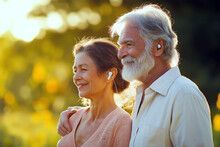 Elderly couple in nature, both wearing earbuds, smiling, man's arm around woman.