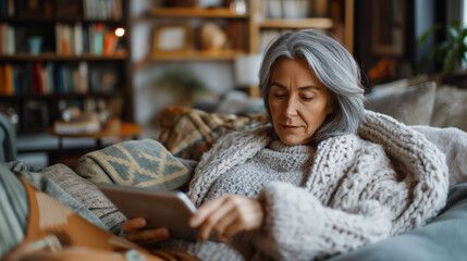 Older woman with grey hair, in cozy sweater, using tablet on couch in living room with books.