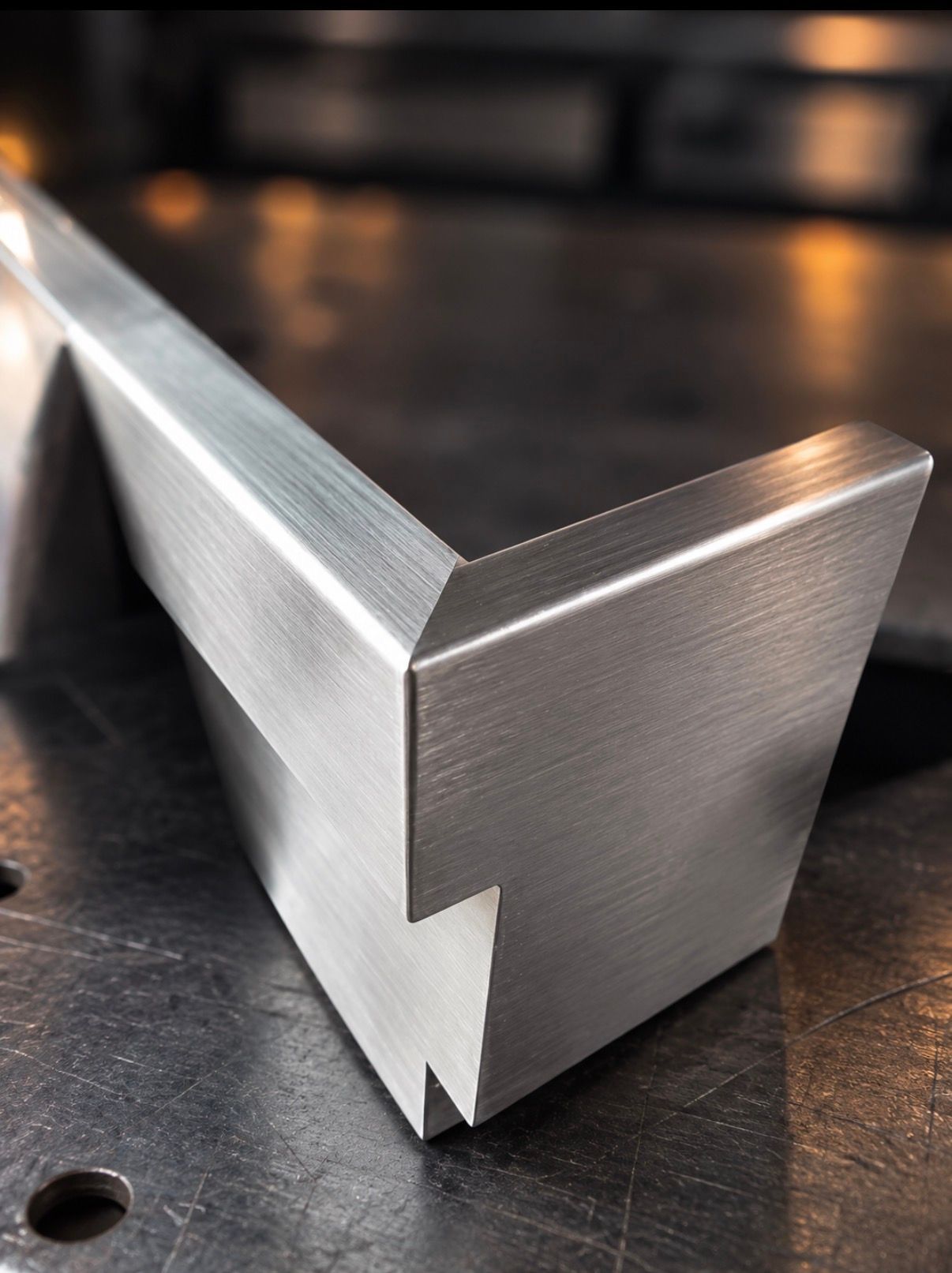 Nahaufnahme einer V-förmigen Halterung aus gebürstetem Metall auf einer dunklen Werkbank