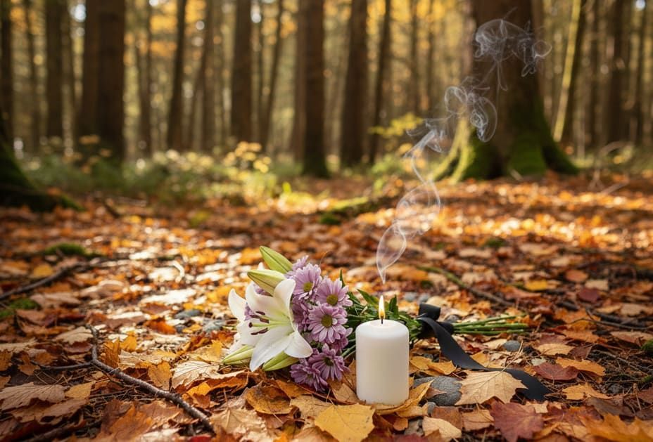 Candle and bouquet on autumn leaves symbolizing remembrance at Willoughby, OH funeral home and cremations