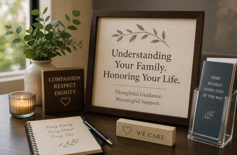 Warm, welcoming funeral home office display conveying compassion, funeral homes in Willoughby, OH
