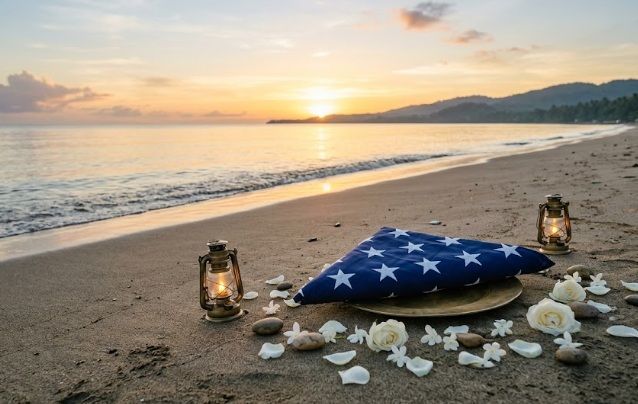 Folded American flag with lanterns and flowers on beach memorial in Willoughby, OH