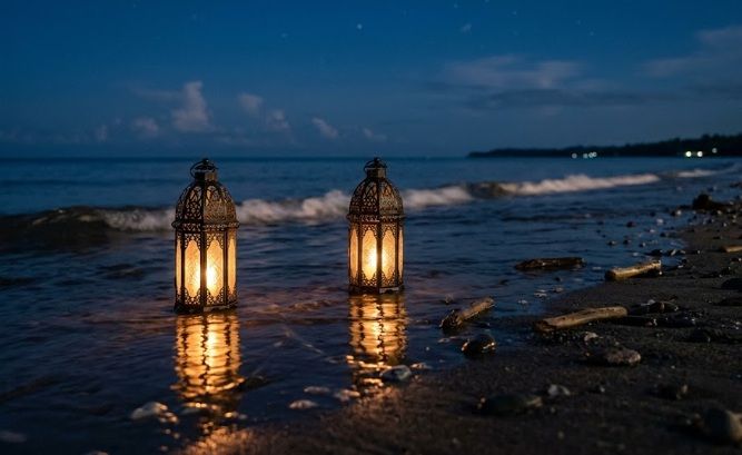 Lanterns glowing along the shoreline at night during a peaceful cremation memorial in Willowick, OH