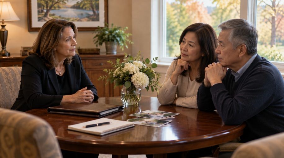 Couple discussing personalized arrangements with a funeral professional for cremation services in Wi