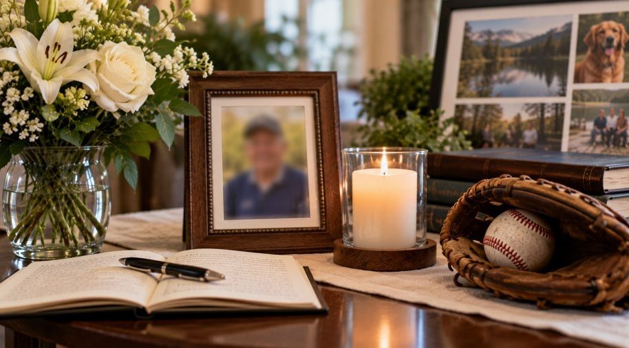 Personalized memorial display with photos and baseball keepsake at funeral homes in Wickliffe, OH 