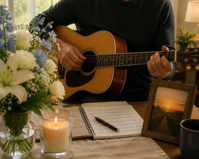 Musician playing guitar during a personalized tribute at funeral homes in Wickliffe, OH
