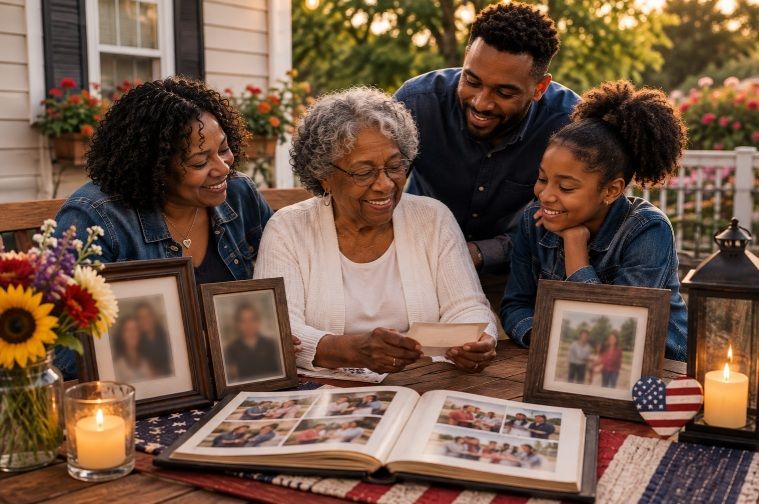Family sharing cherished photographs and memories near funeral homes in Willoughby, OH
