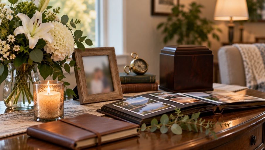 Memorial photo, flowers, candle, and keepsake display at funeral homes in Willowick, OH