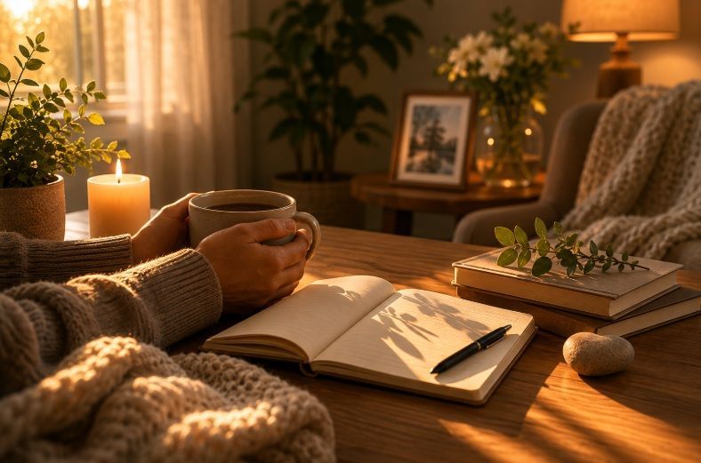 Person holding warm drink beside journal and candle in memorial setting in Willoughby, OH
