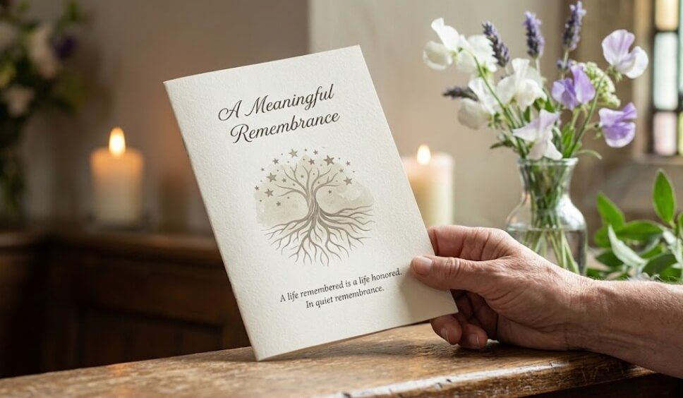Hand holding remembrance card with candles and flowers, funeral homes in Wickliffe, OH