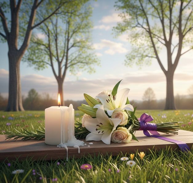 Memorial candle and floral arrangement honoring Wickliffe, OH funeral home and cremations