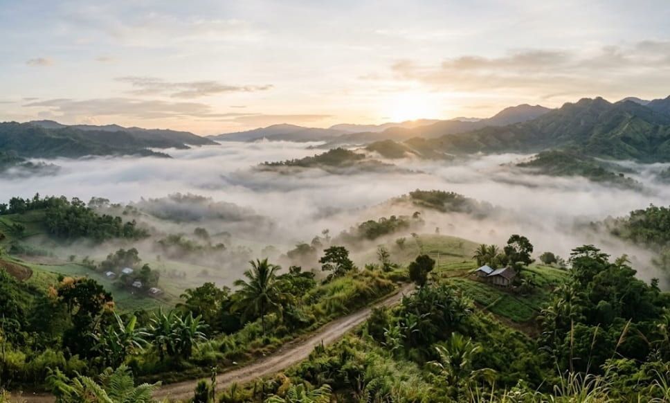 Mist-covered valley and winding road at sunrise symbolizing reflection in Willowick, OH