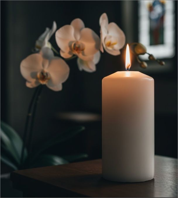 Lit candle with white orchids creating peaceful setting, cremation services in Wickliffe, OH