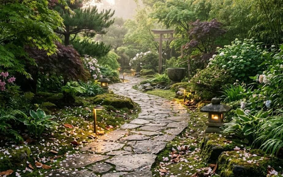 Serene garden pathway with lanterns and lush greenery for remembrance in Willowick, OH