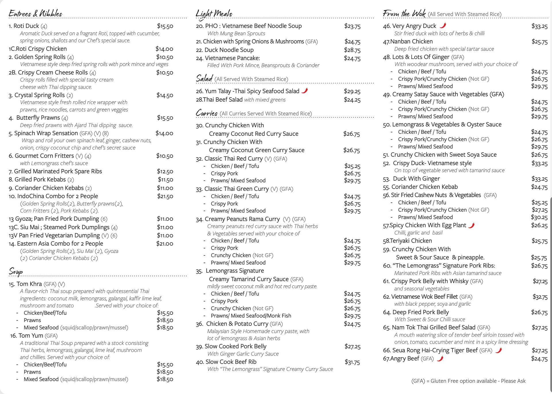 A menu for a restaurant with a lot of items on it.