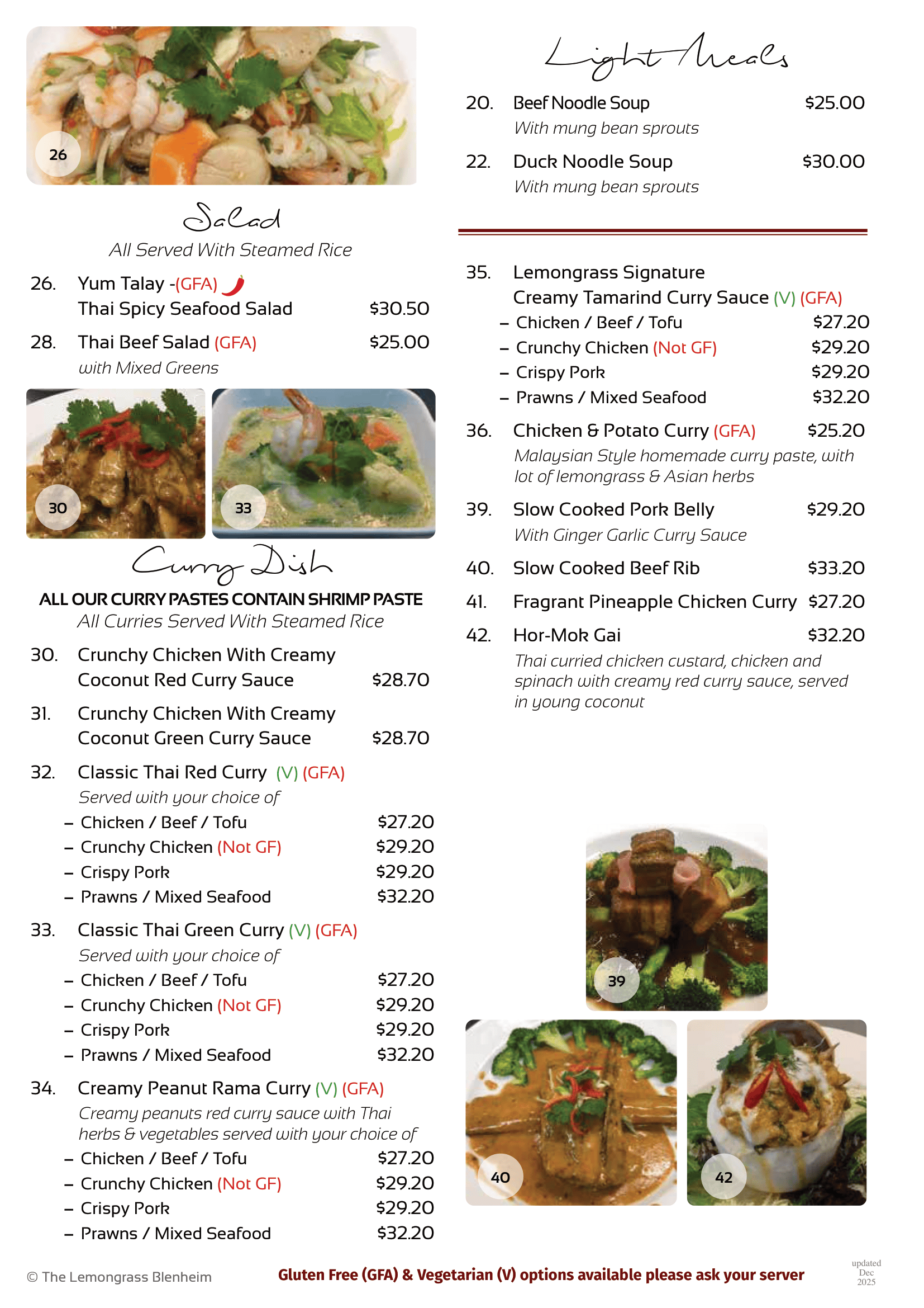 A menu for a restaurant with a variety of food on it.