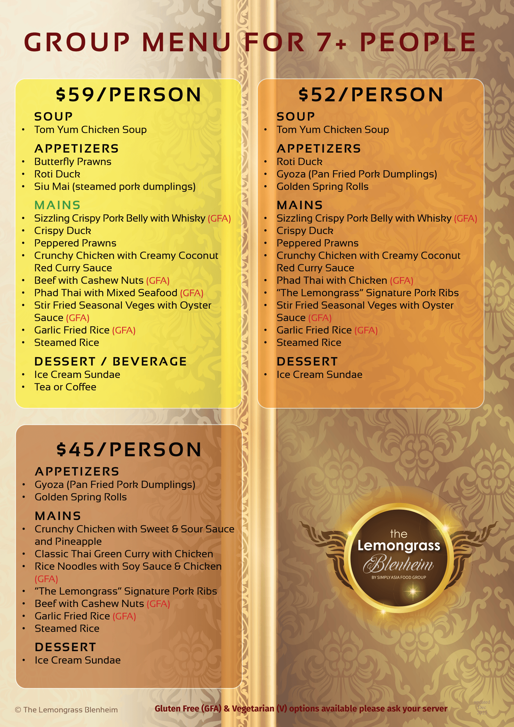 A group menu for 7+ people is shown