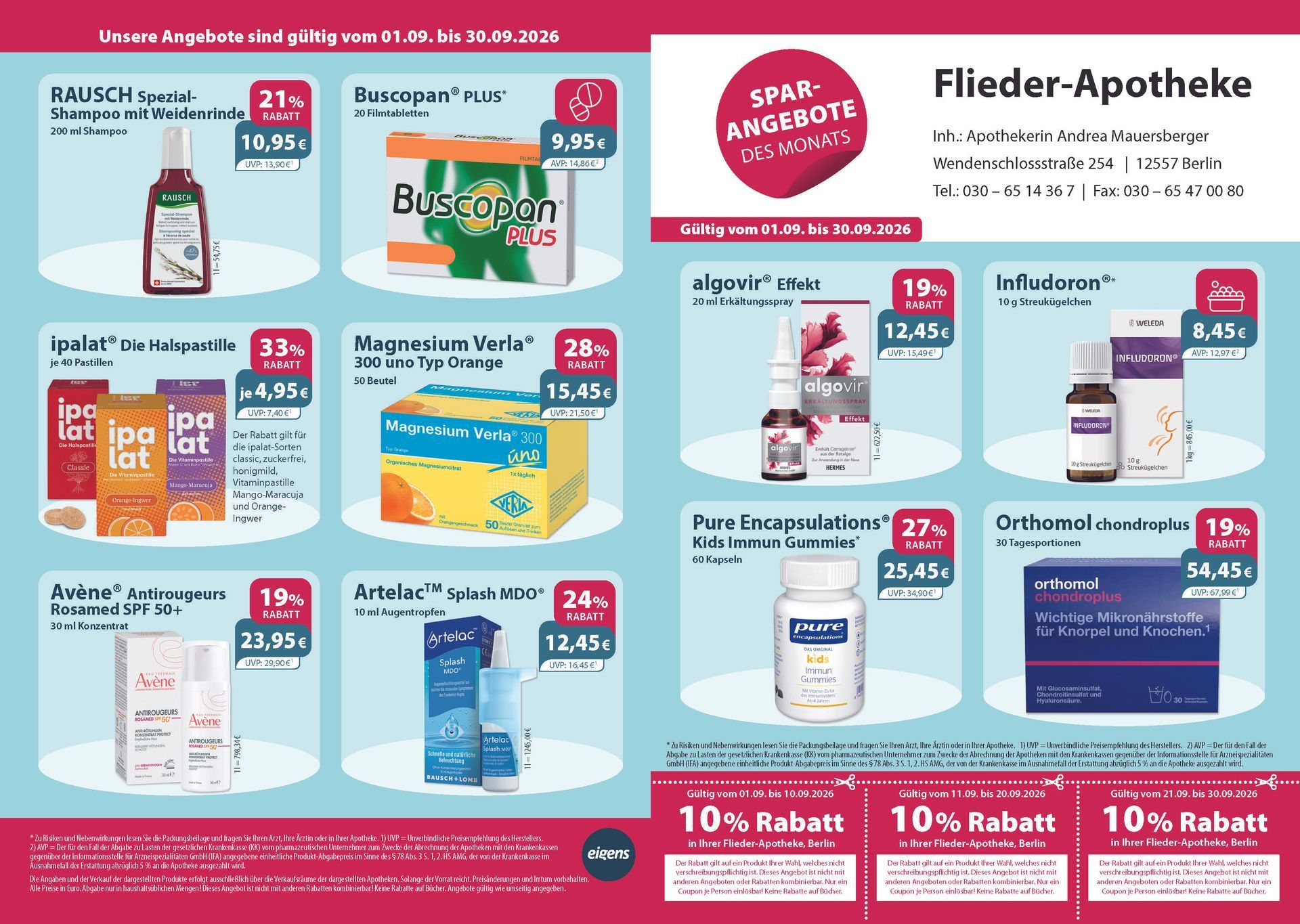 Eine Apothekenwerbung mit Produktbildern und Rabattinformationen.
